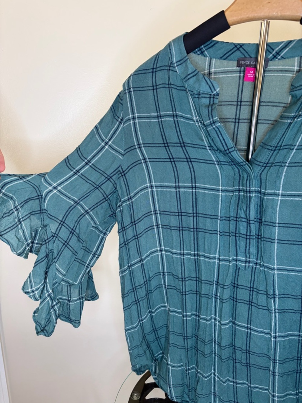 Vince Camuto Teal Plaid Ruffle Sleeve Tunic - Picture 2 of 3